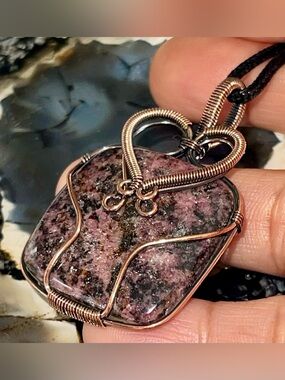 Copper Wire-wrapped “The Stone of Love” Rhodonite Pendant 2 1/4”